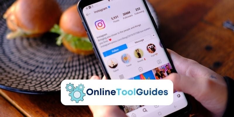 Hands with a phone looking with Instagram Open and the Onlinestoolguides Logo.