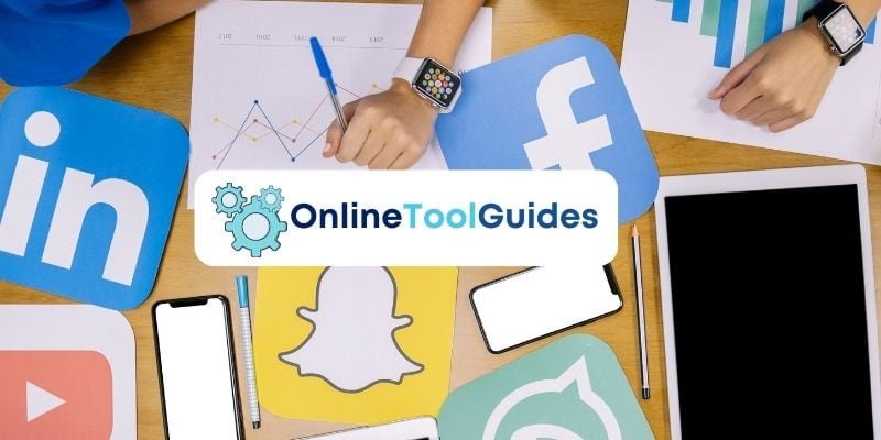 Onlinetoolguides logo with a background of hands over cut out logos of social media platforms