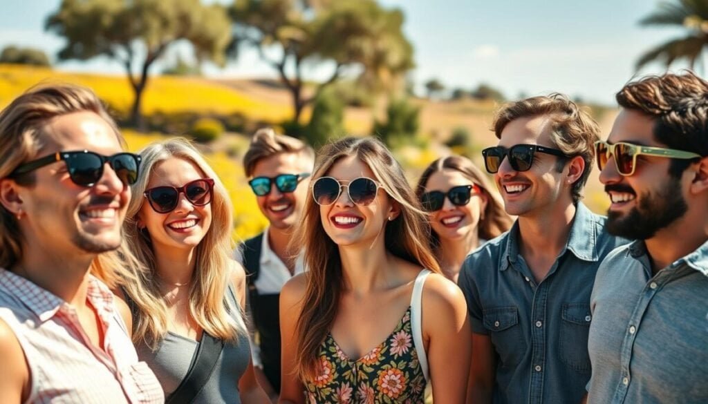 A sunlit outdoor scene showcasing several satisfied customers happily wearing stylish, custom-designed sunglasses from Artes Graficas Integradas. In the foreground, a group of friends casually converse, their faces filled with genuine delight as they model their personalized eyewear. The middle ground features a mix of individuals, each pair of sunglasses uniquely tailored to their style and preferences. In the background, a vibrant, sun-dappled landscape sets the tone, capturing the carefree, summer-inspired atmosphere. The lighting is warm and natural, highlighting the quality craftsmanship and attention to detail of the Artes Graficas Integradas brand. The overall scene conveys a sense of satisfaction, joy, and the value of personalized, high-quality products. Prompt A sunlit outdoor scene showcasing several satisfied customers happily wearing stylish, custom-designed sunglasses from Artes Graficas Integradas. In the foreground, a group of friends casually converse, their faces filled with genuine delight as they model their personalized eyewear. The middle ground features a mix of individuals, each pair of sunglasses uniquely tailored to their style and preferences. In the background, a vibrant, sun-dappled landscape sets the tone, capturing the carefree, summer-inspired atmosphere. The lighting is warm and natural, highlighting the quality craftsmanship and attention to detail of the Artes Graficas Integradas brand. The overall scene conveys a sense of satisfaction, joy, and the value of personalized, high-quality products. Prompt