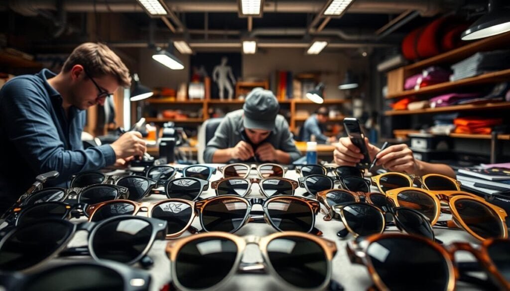 Hyper realistic photos of advanced customization techniques for the "Artes Graficas Integradas" brand. The foreground showcases a diverse array of stylish, personalized sunglasses with intricate, hand-crafted details. The middle ground features artisans skillfully applying various decorative elements, from embossed logos to hand-painted designs. The background captures the modern workshop, filled with specialized tools, vibrant fabrics, and a warm, focused atmosphere. The lighting is soft and directional, highlighting the craftsmanship and the premium quality of the personalized eyewear. The overall mood conveys a sense of innovative, bespoke luxury. Hyper realistic photos of advanced customization techniques for the "Artes Graficas Integradas" brand. The foreground showcases a diverse array of stylish, personalized sunglasses with intricate, hand-crafted details. The middle ground features artisans skillfully applying various decorative elements, from embossed logos to hand-painted designs. The background captures the modern workshop, filled with specialized tools, vibrant fabrics, and a warm, focused atmosphere. The lighting is soft and directional, highlighting the craftsmanship and the premium quality of the personalized eyewear. The overall mood conveys a sense of innovative, bespoke luxury.