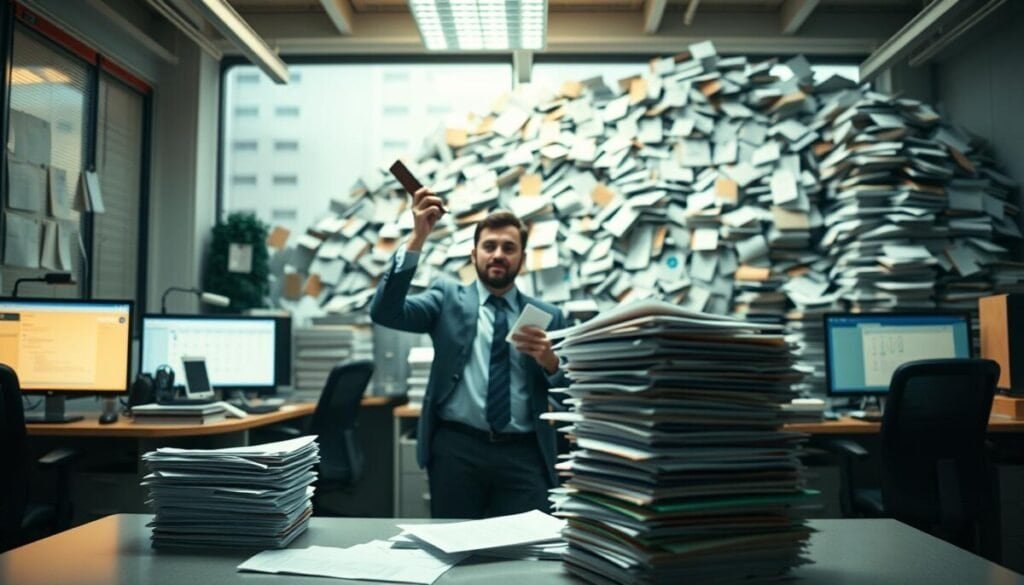 A bustling office space, desks and screens casting a soft glow, as a harried executive juggles multiple communication channels - email, social media, messaging apps. In the foreground, a teetering stack of papers symbolizes the overwhelming information flow. In the middle ground, a calendar overflows with conflicting meeting invites, deadlines, and content creation tasks. The background is filled with a towering pile of unread notifications, notifications, notifications, threatening to consume the scene. The lighting is a warm, muted tone, creating a sense of tension and the pressure of modern media management challenges. A bustling office space, desks and screens casting a soft glow, as a harried executive juggles multiple communication channels - email, social media, messaging apps. In the foreground, a teetering stack of papers symbolizes the overwhelming information flow. In the middle ground, a calendar overflows with conflicting meeting invites, deadlines, and content creation tasks. The background is filled with a towering pile of unread notifications, notifications, notifications, threatening to consume the scene. The lighting is a warm, muted tone, creating a sense of tension and the pressure of modern media management challenges.