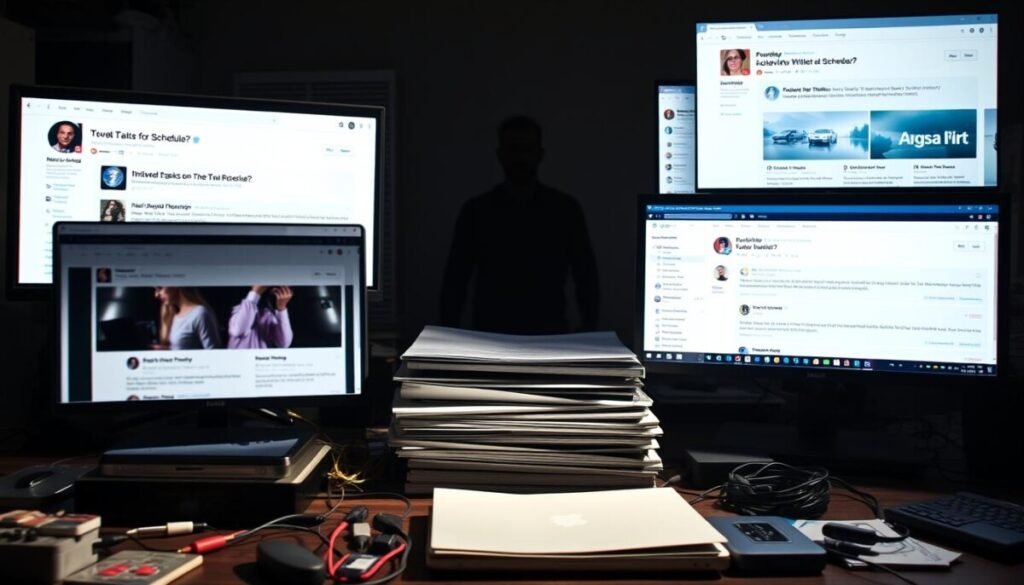 A busy social media dashboard with multiple windows and tabs open, representing the limitations of native Twitter scheduling. The foreground features a series of overlapping windows displaying various tweet scheduling tools, their interfaces blurred and obscured. The middle ground shows a cluttered desktop with stacks of folders, devices, and cables, symbolizing the complexity of managing multiple platforms. In the background, a shadowy figure stands, representing the user struggling to navigate the technological maze. The lighting is harsh and directional, casting dramatic shadows and highlighting the sense of frustration and information overload. The overall mood is one of overwhelming complexity and the need for a more streamlined, integrated scheduling solution.