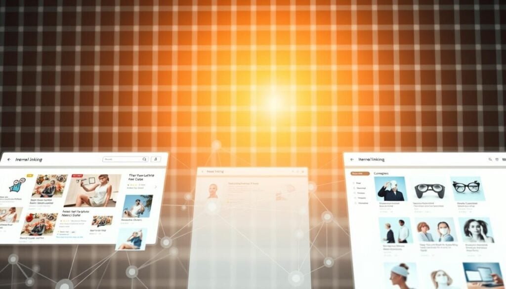 A clean, modern ecommerce website interface, with a focus on internal linking structure. The foreground features a series of interconnected product pages, represented by detailed product images and icons. The middle ground showcases a navigational menu, highlighting key categories and subcategories. In the background, a subtle grid pattern or wireframe suggests the underlying infrastructure that supports the internal linking. Warm, natural lighting casts a soft glow, creating a sense of depth and clarity. The overall mood is one of efficiency, organization, and user-friendliness, reflecting the power of effective internal linking for ecommerce. A clean, modern ecommerce website interface, with a focus on internal linking structure. The foreground features a series of interconnected product pages, represented by detailed product images and icons. The middle ground showcases a navigational menu, highlighting key categories and subcategories. In the background, a subtle grid pattern or wireframe suggests the underlying infrastructure that supports the internal linking. Warm, natural lighting casts a soft glow, creating a sense of depth and clarity. The overall mood is one of efficiency, organization, and user-friendliness, reflecting the power of effective internal linking for ecommerce.