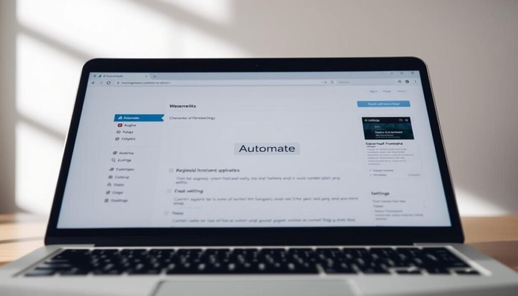 A close-up photograph of a modern laptop computer screen displaying a WordPress dashboard. The dashboard interface shows a row of internal link icons along the top, with a central focus on a prominent "Automate" button surrounded by various plugin and settings options. The lighting is soft and directional, casting subtle shadows that accentuate the depth and texture of the digital interface. The camera angle is slightly elevated, providing a clean, uncluttered view of the screen. The overall mood is one of efficiency, productivity, and seamless content optimization. A close-up photograph of a modern laptop computer screen displaying a WordPress dashboard. The dashboard interface shows a row of internal link icons along the top, with a central focus on a prominent "Automate" button surrounded by various plugin and settings options. The lighting is soft and directional, casting subtle shadows that accentuate the depth and texture of the digital interface. The camera angle is slightly elevated, providing a clean, uncluttered view of the screen. The overall mood is one of efficiency, productivity, and seamless content optimization.