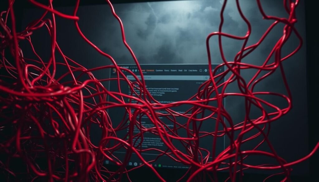 A close-up view of a computer screen, displaying a chaotic web of tangled, broken hyperlinks. The foreground is dominated by a jumbled mess of red, broken lines, symbolizing the disarray of faulty internal connections. In the middle ground, a series of dimly lit, distorted webpages struggle to load, their content obscured by the overwhelming presence of the damaged links. The background is shrouded in a hazy, muted tone, creating a sense of unease and frustration. Dramatic lighting casts harsh shadows, further emphasizing the gravity of the situation. The overall atmosphere conveys the critical nature of addressing and resolving these broken internal links. A close-up view of a computer screen, displaying a chaotic web of tangled, broken hyperlinks. The foreground is dominated by a jumbled mess of red, broken lines, symbolizing the disarray of faulty internal connections. In the middle ground, a series of dimly lit, distorted webpages struggle to load, their content obscured by the overwhelming presence of the damaged links. The background is shrouded in a hazy, muted tone, creating a sense of unease and frustration. Dramatic lighting casts harsh shadows, further emphasizing the gravity of the situation. The overall atmosphere conveys the critical nature of addressing and resolving these broken internal links.