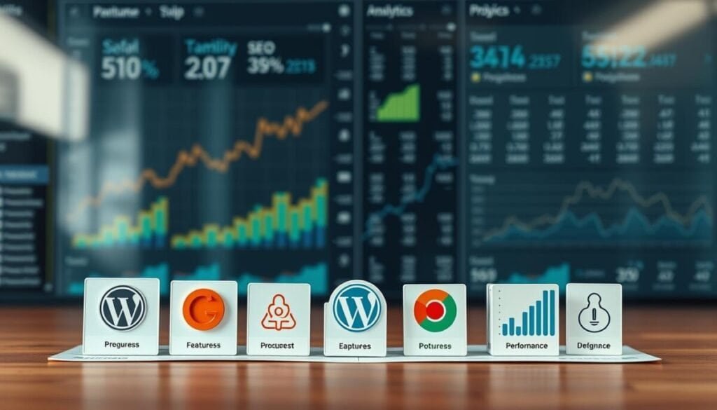 A comparative display of popular SEO plugins against a backdrop of digital marketing analytics, with plugin logos, feature icons, and performance metrics artfully arranged in a clean, minimalist layout. The scene is captured in a hyper-realistic photographic style, with subtle lighting and depth of field to draw the viewer's attention to the key details. The overall mood conveys a sense of professional evaluation and informed decision-making for SEO optimization. A comparative display of popular SEO plugins against a backdrop of digital marketing analytics, with plugin logos, feature icons, and performance metrics artfully arranged in a clean, minimalist layout. The scene is captured in a hyper-realistic photographic style, with subtle lighting and depth of field to draw the viewer's attention to the key details. The overall mood conveys a sense of professional evaluation and informed decision-making for SEO optimization.
