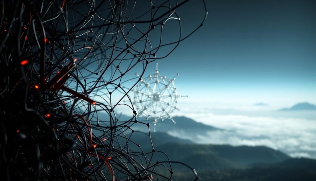 A complex web of interconnected nodes, each representing a unique perspective on the challenges inherent in contextualizing digital links. In the foreground, a tangle of wires and circuits symbolize the technological infrastructure that powers these connections. The middle ground depicts a kaleidoscope of fragmented information, hinting at the difficulty in discerning relevance amidst the noise. In the background, a hazy, ethereal landscape suggests the elusive nature of true understanding, as AI grapples with the nuances of human communication. Dramatic lighting casts stark shadows, underscoring the gravity of the task at hand. Captured through the lens of a high-resolution camera, this image conveys the technical and conceptual depth of the subject matter. A complex web of interconnected nodes, each representing a unique perspective on the challenges inherent in contextualizing digital links. In the foreground, a tangle of wires and circuits symbolize the technological infrastructure that powers these connections. The middle ground depicts a kaleidoscope of fragmented information, hinting at the difficulty in discerning relevance amidst the noise. In the background, a hazy, ethereal landscape suggests the elusive nature of true understanding, as AI grapples with the nuances of human communication. Dramatic lighting casts stark shadows, underscoring the gravity of the task at hand. Captured through the lens of a high-resolution camera, this image conveys the technical and conceptual depth of the subject matter.