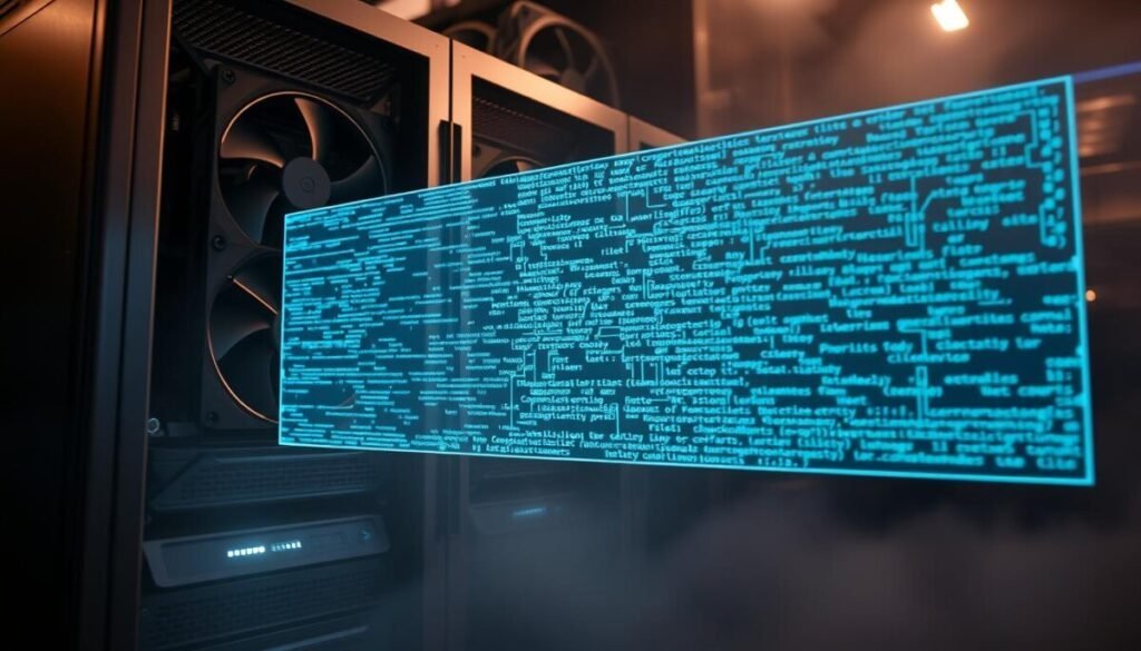 A computer server whirs as it processes terabytes of data, its cooling fans casting dramatic shadows across a sleek, metallic enclosure. In the foreground, a holographic display flickers with cascading lines of code, visualizing the intricate neural networks that power the machine learning algorithms. The background is shrouded in a hazy, atmospheric lighting, creating a sense of technological mystery and futuristic wonder. The scene is captured with a wide-angle lens, emphasizing the scale and complexity of the AI-driven system, a testament to the cutting-edge advancements in the field of intelligent computing.