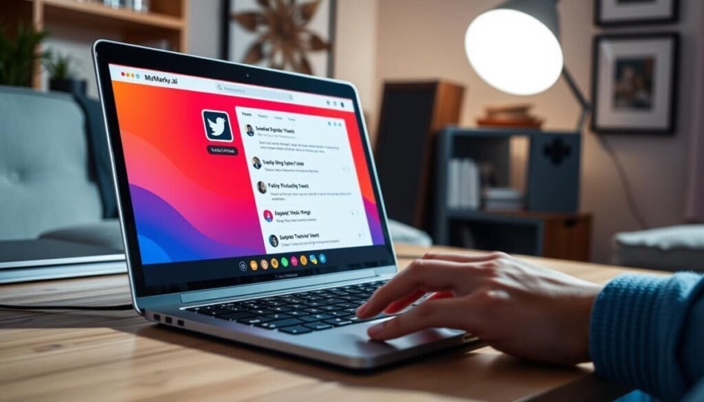 A cozy home office with a sleek laptop, its screen displaying a stylized Twitter interface. Vibrant colors and modern design elements evoke a sense of productivity and efficiency. In the foreground, a user's hand hovers over the keyboard, poised to schedule a series of tweets, forming a seamless thread. Soft, directional lighting casts subtle shadows, adding depth and dimension to the scene. The background features a minimalist wall decor, hinting at the user's focus and attention to detail. The overall atmosphere conveys the ease and convenience of scheduling Twitter threads, inspiring and empowering the viewer to explore the capabilities of the MyMarky.ai tool. A cozy home office with a sleek laptop, its screen displaying a stylized Twitter interface. Vibrant colors and modern design elements evoke a sense of productivity and efficiency. In the foreground, a user's hand hovers over the keyboard, poised to schedule a series of tweets, forming a seamless thread. Soft, directional lighting casts subtle shadows, adding depth and dimension to the scene. The background features a minimalist wall decor, hinting at the user's focus and attention to detail. The overall atmosphere conveys the ease and convenience of scheduling Twitter threads, inspiring and empowering the viewer to explore the capabilities of the MyMarky.ai tool.