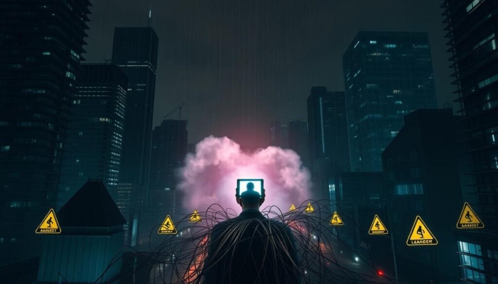 A dark, ominous cityscape at night, with towering skyscrapers casting long shadows over the streets below. In the foreground, a lone figure stands amidst a swirling cloud of data streams, their face obscured by a glowing screen. Surrounding them, a web of tangled cables and flickering warning signs hint at the hidden dangers of AI-powered tools. The scene is bathed in an eerie, neon-tinged light, creating a sense of unease and foreboding. The image conveys the risks of unrestrained AI, the potential for misuse, and the need for careful, ethical regulation.