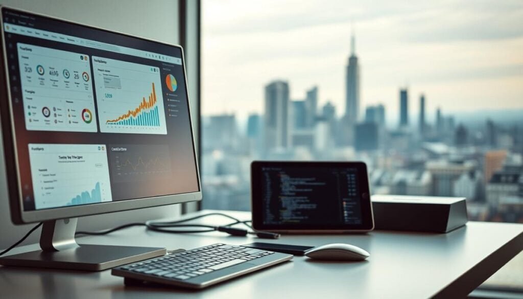 A desktop workspace with a collection of industry-leading SEO tools prominently displayed. In the foreground, a sleek, high-resolution monitor showcases various analytics dashboards and optimization interfaces. In the middle ground, a modern computer setup with a minimalist aesthetic, including a keyboard, mouse, and a tablet for on-the-go planning. The background features a subtle, blurred cityscape, conveying a sense of urban productivity and professional advancement. The lighting is soft, directional, and highlights the tools' features, creating a clean, technologically advanced atmosphere. The overall scene exudes a sense of efficiency, cutting-edge capabilities, and a dedication to improving online visibility. A desktop workspace with a collection of industry-leading SEO tools prominently displayed. In the foreground, a sleek, high-resolution monitor showcases various analytics dashboards and optimization interfaces. In the middle ground, a modern computer setup with a minimalist aesthetic, including a keyboard, mouse, and a tablet for on-the-go planning. The background features a subtle, blurred cityscape, conveying a sense of urban productivity and professional advancement. The lighting is soft, directional, and highlights the tools' features, creating a clean, technologically advanced atmosphere. The overall scene exudes a sense of efficiency, cutting-edge capabilities, and a dedication to improving online visibility.