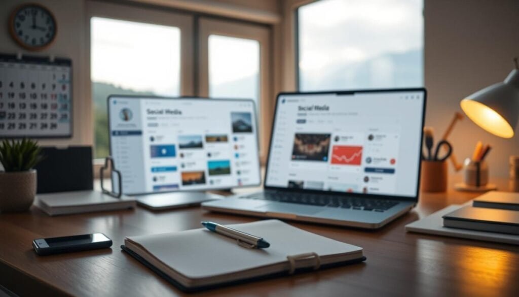 A digital workspace with a calendar, clock, and productivity tools, illuminated by soft, warm lighting. In the foreground, a notebook with a pen rests on a wooden desk, surrounded by minimalist office accessories. The middle ground features a laptop displaying a social media dashboard, with analytics and scheduling options. In the background, a window overlooks a serene, natural landscape, creating a sense of balance and tranquility. The overall mood is focused, efficient, and conducive to effective social media management. A digital workspace with a calendar, clock, and productivity tools, illuminated by soft, warm lighting. In the foreground, a notebook with a pen rests on a wooden desk, surrounded by minimalist office accessories. The middle ground features a laptop displaying a social media dashboard, with analytics and scheduling options. In the background, a window overlooks a serene, natural landscape, creating a sense of balance and tranquility. The overall mood is focused, efficient, and conducive to effective social media management.