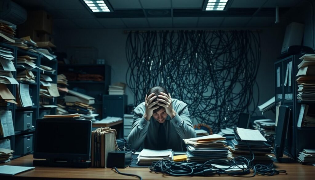 A dimly lit office setting, with a cluttered desk and overflowing filing cabinets. In the foreground, several small siloed compartments represent departments that are disconnected, with miscommunication and a lack of collaboration between them. The middle ground depicts a frustrated manager, head in hands, surrounded by disorganized paperwork and tangled cables. In the background, a maze of information flows, symbolizing the chaos and confusion caused by ineffective content siloing. The scene conveys a mood of frustration, inefficiency, and the need for a more strategic, integrated approach to content organization. Captured in a hyper-realistic photographic style, with careful attention to lighting, depth of field, and subtle textures. A dimly lit office setting, with a cluttered desk and overflowing filing cabinets. In the foreground, several small siloed compartments represent departments that are disconnected, with miscommunication and a lack of collaboration between them. The middle ground depicts a frustrated manager, head in hands, surrounded by disorganized paperwork and tangled cables. In the background, a maze of information flows, symbolizing the chaos and confusion caused by ineffective content siloing. The scene conveys a mood of frustration, inefficiency, and the need for a more strategic, integrated approach to content organization. Captured in a hyper-realistic photographic style, with careful attention to lighting, depth of field, and subtle textures.