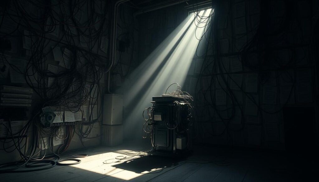 A dimly lit room, the walls covered in tangled webs of rules and constraints. In the center, a complex machine whirs and clicks, struggling to make sense of the chaos. Shafts of light pierce the gloom, casting shadows that seem to shift and change, defying the rigid logic of the system. The atmosphere is one of frustration and uncertainty, as the machine labors to reconcile the contradictions and exceptions that defy its programming. This is the challenge of rule-based systems, where the real world refuses to conform to the neat, orderly patterns that the machine demands. A dimly lit room, the walls covered in tangled webs of rules and constraints. In the center, a complex machine whirs and clicks, struggling to make sense of the chaos. Shafts of light pierce the gloom, casting shadows that seem to shift and change, defying the rigid logic of the system. The atmosphere is one of frustration and uncertainty, as the machine labors to reconcile the contradictions and exceptions that defy its programming. This is the challenge of rule-based systems, where the real world refuses to conform to the neat, orderly patterns that the machine demands.