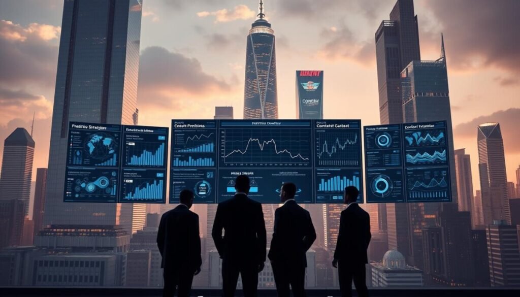 A futuristic, hyper-realistic cityscape with towering skyscrapers and gleaming glass facades. In the foreground, a cluster of data visualization screens displays intricate graphs, charts, and AI-generated predictions. The middle ground features a group of business professionals in suits, intently studying the predictive content strategies displayed on the screens. The background is bathed in a warm, muted color palette, conveying a sense of thoughtful contemplation and strategic decision-making. Subtle lighting casts dramatic shadows, emphasizing the depth and complexity of the scene. The overall atmosphere is one of technological sophistication, data-driven insights, and the pursuit of innovative content strategies. A futuristic, hyper-realistic cityscape with towering skyscrapers and gleaming glass facades. In the foreground, a cluster of data visualization screens displays intricate graphs, charts, and AI-generated predictions. The middle ground features a group of business professionals in suits, intently studying the predictive content strategies displayed on the screens. The background is bathed in a warm, muted color palette, conveying a sense of thoughtful contemplation and strategic decision-making. Subtle lighting casts dramatic shadows, emphasizing the depth and complexity of the scene. The overall atmosphere is one of technological sophistication, data-driven insights, and the pursuit of innovative content strategies.