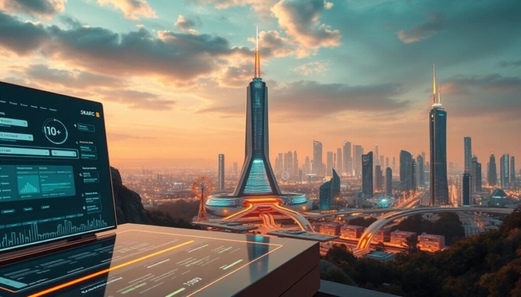 A futuristic landscape of search engine optimization, where intelligent algorithms and machine learning reign supreme. In the foreground, a sleek, minimalist interface showcases trends like voice search, video optimization, and personalized content delivery. The middle ground features a towering, data-driven command center, its holographic displays and autonomous systems guiding the optimization process. In the background, a cityscape of interconnected devices and AI-powered infrastructure, symbolizing the seamless integration of SEO with the Internet of Things. The scene is bathed in a warm, vibrant glow, conveying a sense of innovation, efficiency, and the limitless possibilities of the digital future. Captured through the lens of a high-resolution, wide-angle camera, this image is a testament to the ever-evolving nature of search engine optimization.