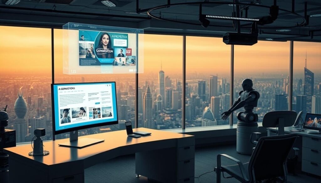 A futuristic office setting with an array of cutting-edge AI tools and devices. In the foreground, a sleek, minimalist workspace with a large curved monitor displaying a generative AI interface. Hovering above the desk, a holographic projection showcases dynamic content generation, with text, images, and video seamlessly integrating. In the middle ground, robotic arms and autonomous systems work in harmony, streamlining the content curation and publication process. The background reveals a panoramic cityscape, bathed in warm, ambient lighting that creates a sense of innovation and progress. The overall scene conveys the power of AI-driven content automation, blending technology, efficiency, and creativity. A futuristic office setting with an array of cutting-edge AI tools and devices. In the foreground, a sleek, minimalist workspace with a large curved monitor displaying a generative AI interface. Hovering above the desk, a holographic projection showcases dynamic content generation, with text, images, and video seamlessly integrating. In the middle ground, robotic arms and autonomous systems work in harmony, streamlining the content curation and publication process. The background reveals a panoramic cityscape, bathed in warm, ambient lighting that creates a sense of innovation and progress. The overall scene conveys the power of AI-driven content automation, blending technology, efficiency, and creativity.