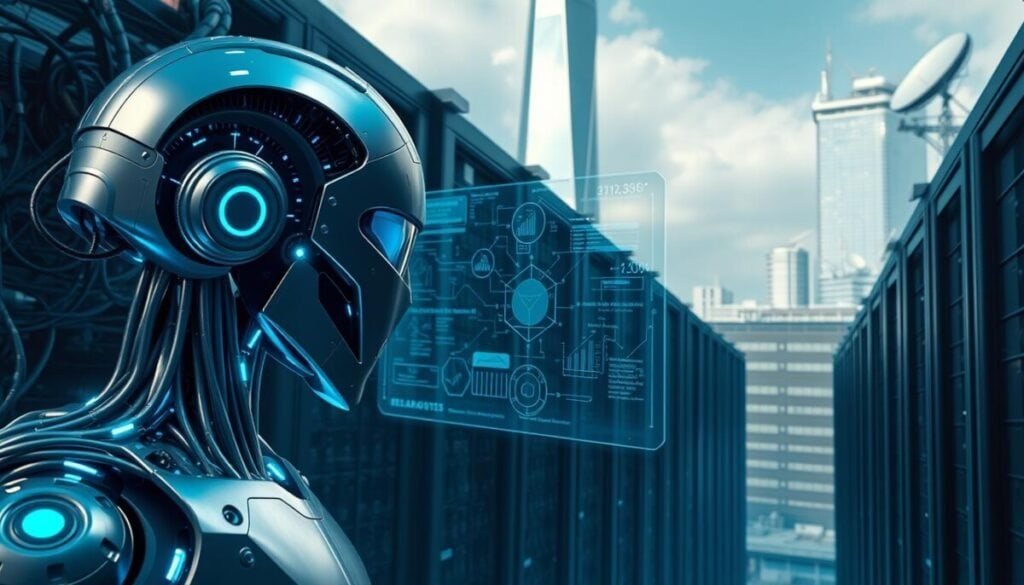 A futuristic scene of technical SEO and AI, captured in a hyper-realistic, cinematic style. In the foreground, a sleek, silver robot with glowing blue circuits and a complex array of sensors scans a tangled web of data cables and server racks. The middle ground features a holographic display, projecting intricate algorithms and visualization of search engine optimization metrics. In the background, a towering skyscraper with a gleaming facade and an array of satellite dishes on the roof, symbolizing the technological advancements powering the future of AI-driven internal linking strategies. A futuristic scene of technical SEO and AI, captured in a hyper-realistic, cinematic style. In the foreground, a sleek, silver robot with glowing blue circuits and a complex array of sensors scans a tangled web of data cables and server racks. The middle ground features a holographic display, projecting intricate algorithms and visualization of search engine optimization metrics. In the background, a towering skyscraper with a gleaming facade and an array of satellite dishes on the roof, symbolizing the technological advancements powering the future of AI-driven internal linking strategies.