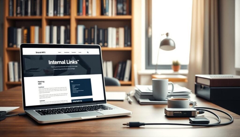 A high-contrast, photorealistic image of a tidy, organized office workspace. In the foreground, a laptop displaying a website with a clean, minimalist interface showcasing internal links. In the middle ground, a desk with a well-organized stack of documents, a mug of coffee, and a USB hub with multiple devices connected. The background features a bookshelf filled with marketing and SEO-related books, partially obscured by soft, natural lighting filtering through a large window. The overall mood is one of focus, efficiency, and attention to detail, conveying the best practices for effective internal linking. A high-contrast, photorealistic image of a tidy, organized office workspace. In the foreground, a laptop displaying a website with a clean, minimalist interface showcasing internal links. In the middle ground, a desk with a well-organized stack of documents, a mug of coffee, and a USB hub with multiple devices connected. The background features a bookshelf filled with marketing and SEO-related books, partially obscured by soft, natural lighting filtering through a large window. The overall mood is one of focus, efficiency, and attention to detail, conveying the best practices for effective internal linking.