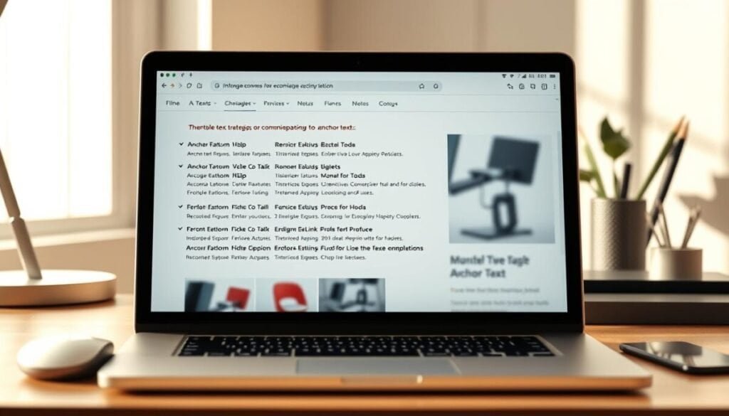 A high-quality, hyper-realistic image of an ecommerce website's navigation menu, showcasing best practices for anchor text. The foreground depicts a laptop display with the website interface, highlighting neatly formatted anchor text links in a consistent style. The middle ground features a minimalist, elegant desk setup with a mouse, keyboard, and office supplies, conveying a professional, task-oriented atmosphere. The background is a warm, softly lit workspace, with clean lines and subtle patterns, creating a sense of focus and productivity. The lighting is natural and directional, casting gentle shadows and highlights to accentuate the anchor text details. The overall composition and color palette reflect the subject of internal linking strategies for ecommerce. A high-quality, hyper-realistic image of an ecommerce website's navigation menu, showcasing best practices for anchor text. The foreground depicts a laptop display with the website interface, highlighting neatly formatted anchor text links in a consistent style. The middle ground features a minimalist, elegant desk setup with a mouse, keyboard, and office supplies, conveying a professional, task-oriented atmosphere. The background is a warm, softly lit workspace, with clean lines and subtle patterns, creating a sense of focus and productivity. The lighting is natural and directional, casting gentle shadows and highlights to accentuate the anchor text details. The overall composition and color palette reflect the subject of internal linking strategies for ecommerce.