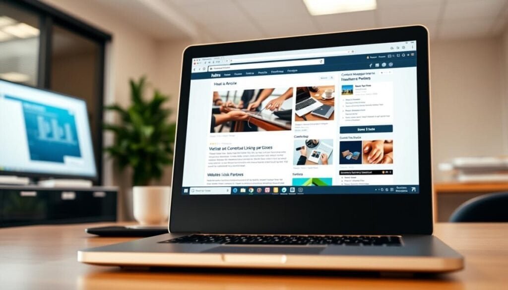 A high-quality, well-lit photograph of a laptop or computer screen displaying various contextual linking opportunities. The foreground shows a clean, organized workspace with the screen taking up a significant portion of the frame. The screen displays a web browser or content management system interface, showcasing a selection of relevant, thematically linked websites or articles that could serve as potential contextual link partners. The middle ground features minimal office accessories or a desk surface, creating a sense of professional, business-focused environment. The background is slightly blurred, providing a subtle depth of field and drawing the viewer's attention to the screen. The overall lighting is warm and natural, creating a tone of productivity and authority. A high-quality, well-lit photograph of a laptop or computer screen displaying various contextual linking opportunities. The foreground shows a clean, organized workspace with the screen taking up a significant portion of the frame. The screen displays a web browser or content management system interface, showcasing a selection of relevant, thematically linked websites or articles that could serve as potential contextual link partners. The middle ground features minimal office accessories or a desk surface, creating a sense of professional, business-focused environment. The background is slightly blurred, providing a subtle depth of field and drawing the viewer's attention to the screen. The overall lighting is warm and natural, creating a tone of productivity and authority.