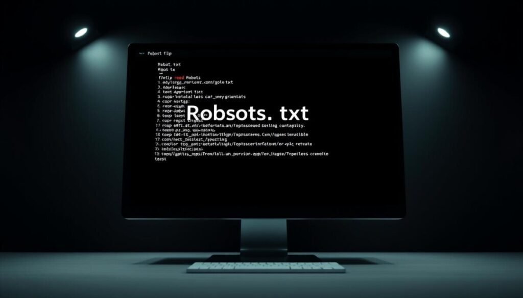 A high-resolution, hyper-realistic photograph of a WordPress website's Robots.txt file displayed on a computer screen. The screen is set against a dark, minimalist background, with subtle ambient lighting illuminating the file's contents. The focus is on the Robots.txt file, which appears in a clean, monochrome color scheme, with clear, legible text and a sense of technical precision. The overall atmosphere conveys a sense of importance and attention to detail, reflecting the critical role of the Robots.txt file in WordPress website crawling and indexing.