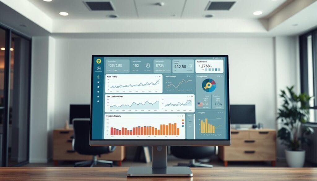 A high-resolution, hyper-realistic photograph of a modern data analytics dashboard with multiple visualizations and metrics. The dashboard is displayed on a large computer monitor set against a clean, minimalist office environment with neutral lighting. The dashboard shows various data points related to website traffic and user behavior, including real-time traffic stats, referral sources, user location data, and engagement metrics. The visualizations are clear, intuitive, and aesthetically pleasing, conveying a sense of focus and professionalism. The overall scene is well-balanced, with the dashboard as the central focal point, surrounded by the details of the office setting. A high-resolution, hyper-realistic photograph of a modern data analytics dashboard with multiple visualizations and metrics. The dashboard is displayed on a large computer monitor set against a clean, minimalist office environment with neutral lighting. The dashboard shows various data points related to website traffic and user behavior, including real-time traffic stats, referral sources, user location data, and engagement metrics. The visualizations are clear, intuitive, and aesthetically pleasing, conveying a sense of focus and professionalism. The overall scene is well-balanced, with the dashboard as the central focal point, surrounded by the details of the office setting.