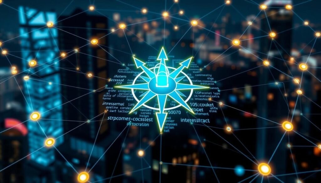A high-resolution, hyper-realistic photograph of an intricate web of interconnected digital links and nodes, depicting the crucial role of internal linking for SEO success. The foreground features a central compass-like structure with glowing arrows pointing in multiple directions, symbolizing the navigational power of internal links. The middle ground showcases a dynamic, three-dimensional grid of hyperlinked text and images, pulsing with energy and connectivity. In the background, a blurred cityscape of skyscrapers and digital infrastructure serves as a backdrop, highlighting the importance of internal linking within the broader context of online visibility and search engine optimization.
