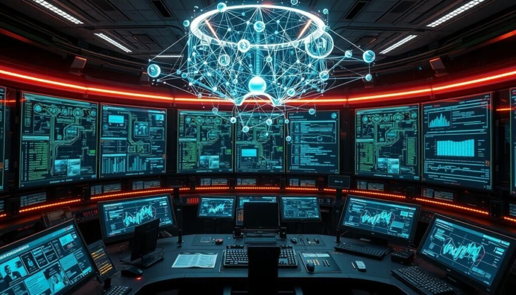 A high-tech control center, with a vast network of interconnected nodes and data streams pulsing across multiple screens. Intricate algorithms and AI-driven analytics power the system, evaluating massive amounts of information in real-time. The environment is sleek and futuristic, with a sense of precision and efficiency. Bright LED displays cast a warm glow, illuminating the intricate web of linked data. Holographic visualizations and 3D models float above the main console, providing a multi-dimensional view of the AI-driven ecosystem. The mood is one of technological sophistication and the constant hum of innovation.