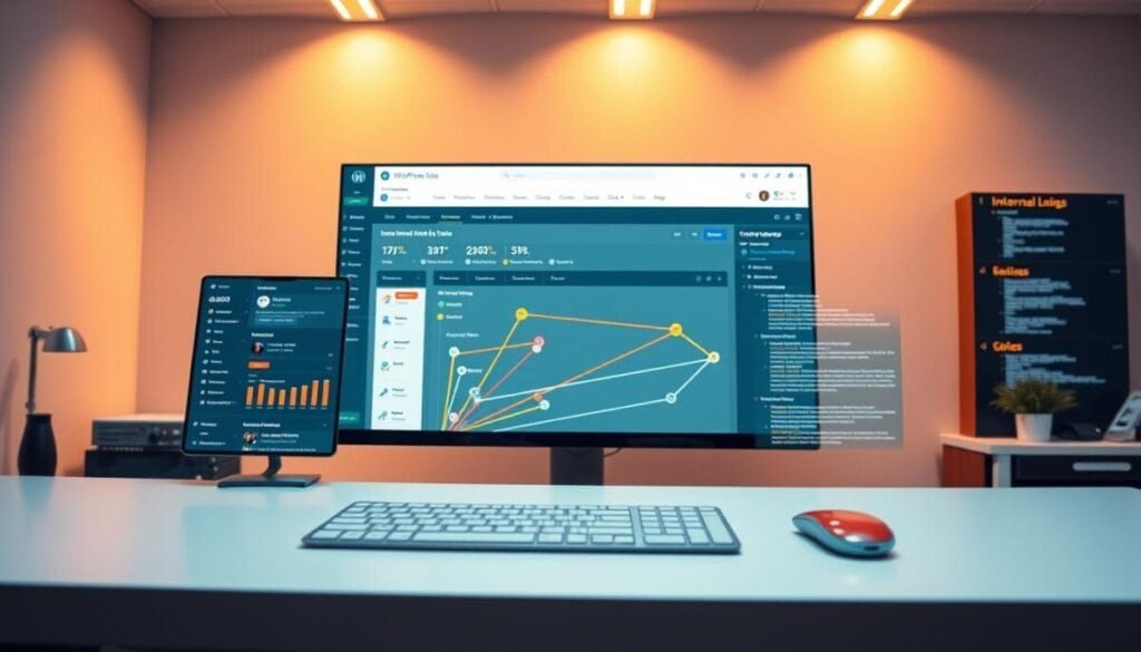 A high-tech, hyper-realistic image of sleek, intuitive internal linking tools for a WordPress website. In the foreground, a modern dashboard with customizable widgets, analytics, and optimization features. In the middle ground, a visual representation of internal link structures, with color-coded connections and flow. The background depicts a clean, minimal workspace with a large monitor displaying the WordPress admin panel. Warm, direct lighting highlights the tools' sophistication and user-friendly design. The overall atmosphere conveys efficiency, productivity, and a streamlined SEO workflow. A high-tech, hyper-realistic image of sleek, intuitive internal linking tools for a WordPress website. In the foreground, a modern dashboard with customizable widgets, analytics, and optimization features. In the middle ground, a visual representation of internal link structures, with color-coded connections and flow. The background depicts a clean, minimal workspace with a large monitor displaying the WordPress admin panel. Warm, direct lighting highlights the tools' sophistication and user-friendly design. The overall atmosphere conveys efficiency, productivity, and a streamlined SEO workflow.