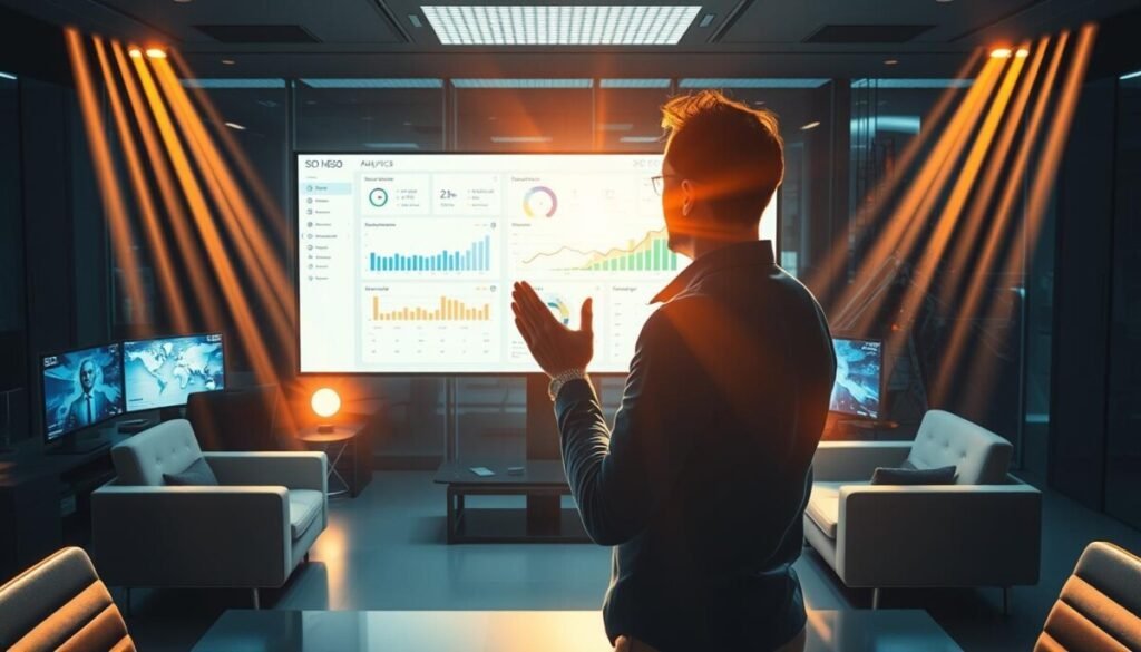 A high-tech office workspace with a large monitor displaying a dashboard of SEO analytics tools. In the foreground, a person gestures towards the screen, deep in thought. Sleek, modern furniture and lighting create a professional, productivity-driven atmosphere. Rays of warm, directional lighting stream in from the sides, casting dramatic shadows and highlights across the scene. The overall composition conveys the idea of seamlessly integrating AI-powered SEO tools into a workflow, with the human operator at the center of this optimization process.