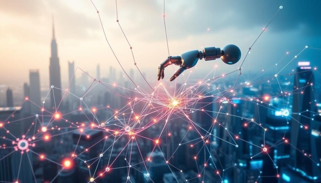 A highly detailed, hyper-realistic image of a digital neural network representing AI-driven internal linking. In the foreground, a complex web of interconnected nodes and pathways, glowing with an array of vibrant colors, symbolizing the intelligent analysis and optimization of content relationships. In the middle ground, a sleek, metallic robotic arm skillfully manipulating the digital links, guided by an advanced AI system. In the background, a futuristic cityscape with towering skyscrapers and a hazy, ethereal atmosphere, conveying the scale and integration of AI-powered internal linking within a modern, tech-driven landscape. A highly detailed, hyper-realistic image of a digital neural network representing AI-driven internal linking. In the foreground, a complex web of interconnected nodes and pathways, glowing with an array of vibrant colors, symbolizing the intelligent analysis and optimization of content relationships. In the middle ground, a sleek, metallic robotic arm skillfully manipulating the digital links, guided by an advanced AI system. In the background, a futuristic cityscape with towering skyscrapers and a hazy, ethereal atmosphere, conveying the scale and integration of AI-powered internal linking within a modern, tech-driven landscape.