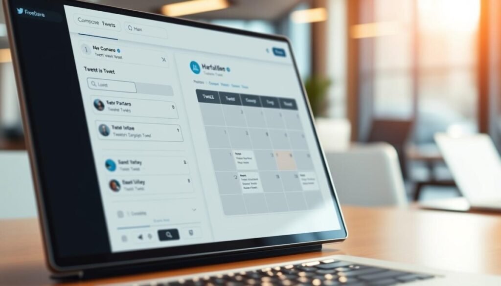 A highly detailed, hyper-realistic image of a social media dashboard displaying the process of scheduling tweets. The foreground shows a sleek, modern interface with various input fields and buttons for composing, scheduling, and managing tweets. The middle ground features a calendar view, highlighting the scheduled posting times. The background showcases a blurred, out-of-focus view of a professional office setting, hinting at the context of a productivity-focused workspace. The overall scene is bathed in warm, natural lighting, creating a polished and professional atmosphere. The image conveys the ease and efficiency of native tweet scheduling, without the need for third-party tools. A highly detailed, hyper-realistic image of a social media dashboard displaying the process of scheduling tweets. The foreground shows a sleek, modern interface with various input fields and buttons for composing, scheduling, and managing tweets. The middle ground features a calendar view, highlighting the scheduled posting times. The background showcases a blurred, out-of-focus view of a professional office setting, hinting at the context of a productivity-focused workspace. The overall scene is bathed in warm, natural lighting, creating a polished and professional atmosphere. The image conveys the ease and efficiency of native tweet scheduling, without the need for third-party tools.