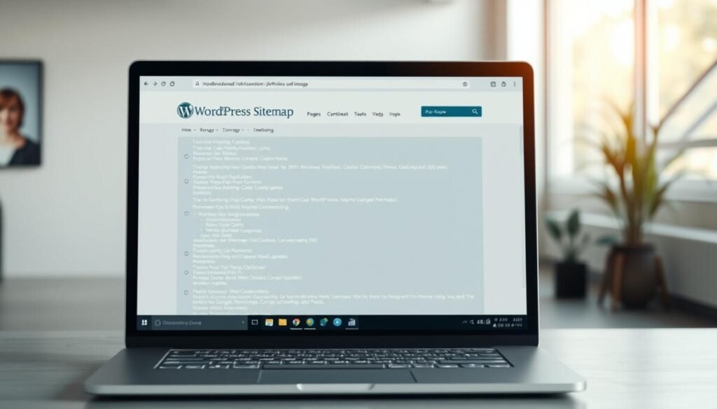 A highly detailed, hyper-realistic photo of an elegant web browser window displaying a WordPress website's XML sitemap. The foreground features the sitemap, rendered in an intuitive tree-like structure with nested pages and links. The middle ground showcases the website's overall architecture, with interconnected pages and navigation elements. The background depicts a serene, minimalist office setting with soft natural lighting, creating a calm and focused atmosphere. The scene conveys the importance of effective XML sitemaps in enhancing the crawlability and accessibility of a WordPress website.