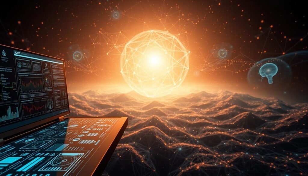 A highly detailed, hyper-realistic photograph showcasing the advanced capabilities of GPT models. In the foreground, a sleek, futuristic interface displays intricate visualizations and charts, representing the vast depth of knowledge and processing power of these language models. The middle ground features an array of interconnected neural networks, their intricate patterns and connections symbolizing the complex inner workings of GPT. In the background, a stunning, ethereal landscape of swirling energy and data flows, evoking the boundless potential and far-reaching impact of these transformative AI systems. The scene is bathed in a warm, subtle lighting, creating a sense of awe and wonder. The overall composition conveys the sheer magnitude and sophistication of GPT models, their ability to comprehend, analyze, and generate language at unprecedented levels. A highly detailed, hyper-realistic photograph showcasing the advanced capabilities of GPT models. In the foreground, a sleek, futuristic interface displays intricate visualizations and charts, representing the vast depth of knowledge and processing power of these language models. The middle ground features an array of interconnected neural networks, their intricate patterns and connections symbolizing the complex inner workings of GPT. In the background, a stunning, ethereal landscape of swirling energy and data flows, evoking the boundless potential and far-reaching impact of these transformative AI systems. The scene is bathed in a warm, subtle lighting, creating a sense of awe and wonder. The overall composition conveys the sheer magnitude and sophistication of GPT models, their ability to comprehend, analyze, and generate language at unprecedented levels.
