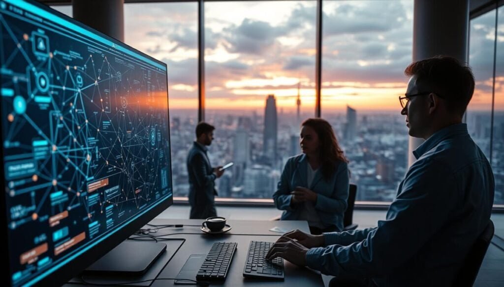 A hyper-realistic, cinematic scene depicting an "AI Internal Linking Strategy". In the foreground, a sleek, futuristic computer interface with interconnected nodes, lines, and data visualizations, representing the intricate algorithms and processes of an AI-powered internal linking system. In the middle ground, a team of data scientists and SEO experts intently studying the interface, their faces illuminated by the soft glow of the screen. In the background, a vast, technologically-advanced office space with floor-to-ceiling windows, showcasing a sprawling cityscape bathed in the warm hues of a sunset. Subtle, moody lighting casts dramatic shadows, enhancing the sense of depth and atmosphere. The overall scene conveys the power, complexity, and collaborative nature of implementing an AI-driven internal linking strategy within a modern, forward-thinking organization. A hyper-realistic, cinematic scene depicting an "AI Internal Linking Strategy". In the foreground, a sleek, futuristic computer interface with interconnected nodes, lines, and data visualizations, representing the intricate algorithms and processes of an AI-powered internal linking system. In the middle ground, a team of data scientists and SEO experts intently studying the interface, their faces illuminated by the soft glow of the screen. In the background, a vast, technologically-advanced office space with floor-to-ceiling windows, showcasing a sprawling cityscape bathed in the warm hues of a sunset. Subtle, moody lighting casts dramatic shadows, enhancing the sense of depth and atmosphere. The overall scene conveys the power, complexity, and collaborative nature of implementing an AI-driven internal linking strategy within a modern, forward-thinking organization.
