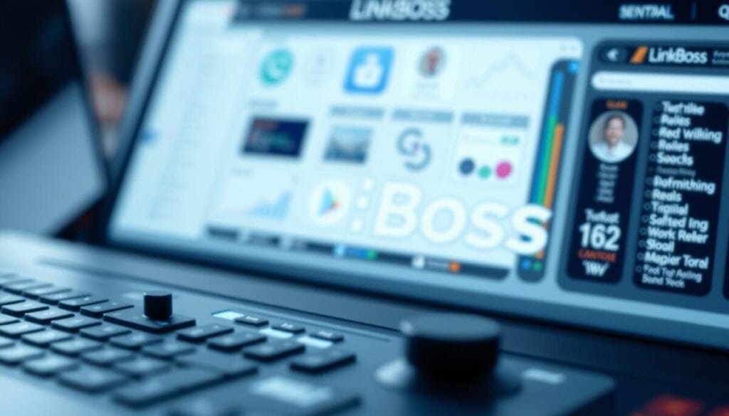 A hyper-realistic close-up view of the features of a powerful LinkBoss, the central hub and control panel for managing and optimizing a comprehensive link building strategy. The foreground showcases the intricate user interface, with a sleek, modern design and intuitive controls. The middle ground features a clean, minimalist aesthetic, with subtle highlights and shadows accentuating the various functionalities. The background is softly blurred, creating a sense of depth and focus on the LinkBoss interface. The overall image conveys a sense of precision, efficiency, and technological innovation, perfectly suited for a comprehensive review of this powerful link management tool.