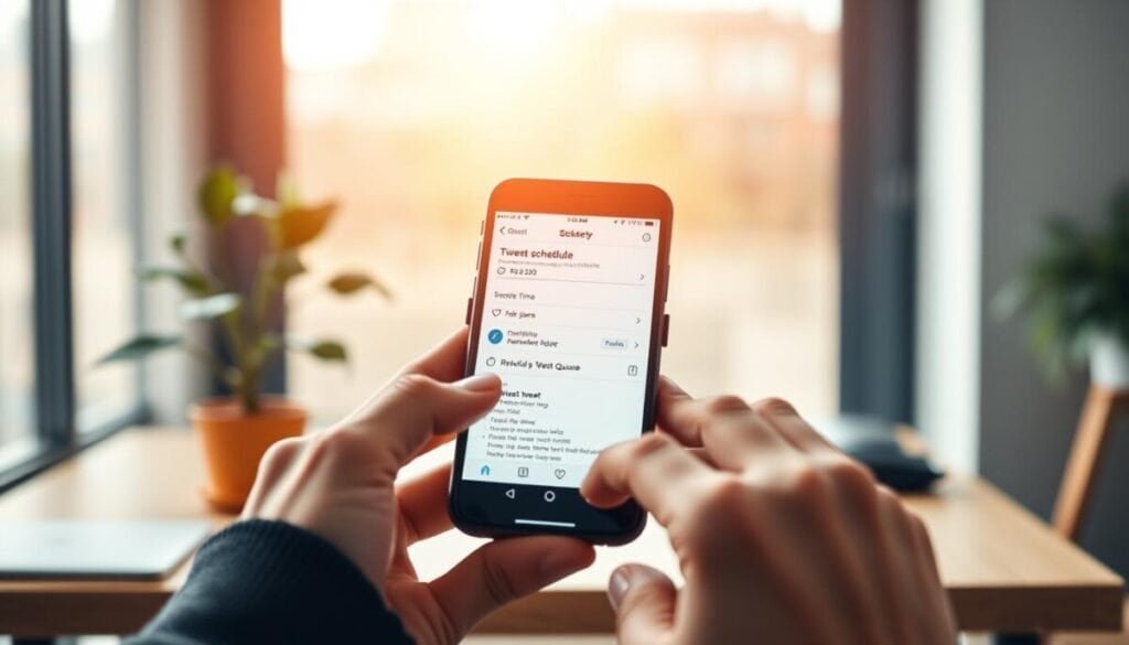 A hyper realistic, high-quality photograph of a mobile device displaying a tweet scheduling app interface. The foreground shows the phone's screen with a clean, intuitive UI for composing a tweet, setting the scheduling date and time, and managing the tweet queue. The middle ground features the user's hands interacting with the device, showcasing the mobile experience. The background depicts a minimalist office setting with a blurred desk, potted plant, and warm, natural lighting creating a calm, productive atmosphere. A hyper realistic, high-quality photograph of a mobile device displaying a tweet scheduling app interface. The foreground shows the phone's screen with a clean, intuitive UI for composing a tweet, setting the scheduling date and time, and managing the tweet queue. The middle ground features the user's hands interacting with the device, showcasing the mobile experience. The background depicts a minimalist office setting with a blurred desk, potted plant, and warm, natural lighting creating a calm, productive atmosphere.