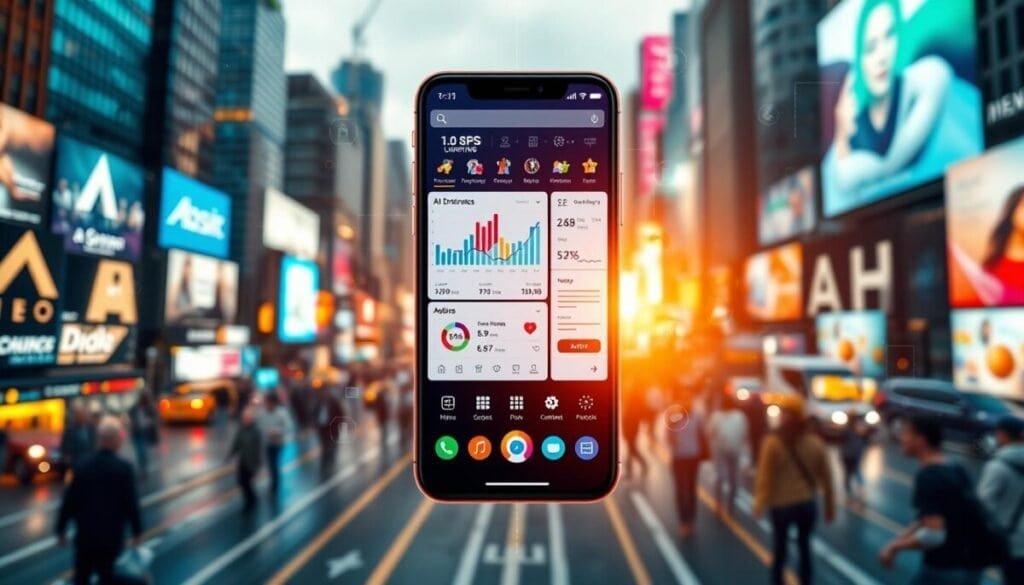 A hyper-realistic, high-resolution image of a bustling social media platform, with AI-powered marketing tools in the foreground. In the center, a smartphone displays data-driven analytics and targeted ad campaigns, surrounded by colorful icons and interactive interfaces. In the background, a blurred cityscape with skyscrapers and billboards reflects the global reach of digital marketing. The scene is illuminated by a warm, golden light, conveying a sense of efficiency and innovation in the age of AI-driven social media and marketing. A hyper-realistic, high-resolution image of a bustling social media platform, with AI-powered marketing tools in the foreground. In the center, a smartphone displays data-driven analytics and targeted ad campaigns, surrounded by colorful icons and interactive interfaces. In the background, a blurred cityscape with skyscrapers and billboards reflects the global reach of digital marketing. The scene is illuminated by a warm, golden light, conveying a sense of efficiency and innovation in the age of AI-driven social media and marketing.