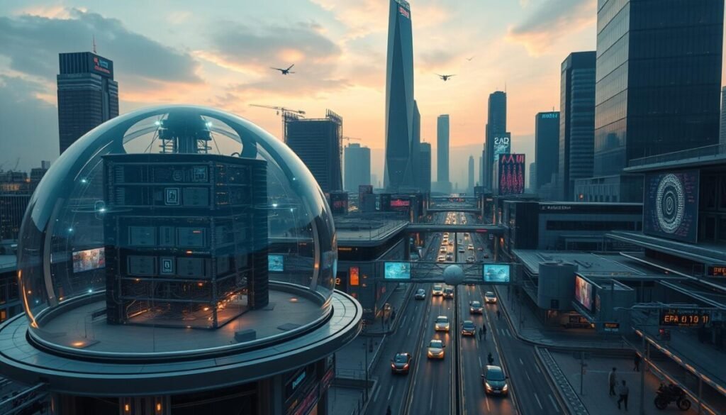 A hyper-realistic, high-resolution image of a futuristic cityscape filled with sleek, interconnected buildings and infrastructure. In the foreground, a transparent dome-like structure houses a complex network of data servers and AI processing units, illuminated by a soft, ambient glow. In the middle ground, self-driving cars and drones navigate the streets, while holographic displays and augmented reality overlays provide real-time information to pedestrians. The background features towering skyscrapers with seamless, reflective facades, hinting at the advanced technology powering the city. The overall scene conveys a sense of technological sophistication and the potential challenges of balancing AI-driven connectivity with robust privacy safeguards. A hyper-realistic, high-resolution image of a futuristic cityscape filled with sleek, interconnected buildings and infrastructure. In the foreground, a transparent dome-like structure houses a complex network of data servers and AI processing units, illuminated by a soft, ambient glow. In the middle ground, self-driving cars and drones navigate the streets, while holographic displays and augmented reality overlays provide real-time information to pedestrians. The background features towering skyscrapers with seamless, reflective facades, hinting at the advanced technology powering the city. The overall scene conveys a sense of technological sophistication and the potential challenges of balancing AI-driven connectivity with robust privacy safeguards.