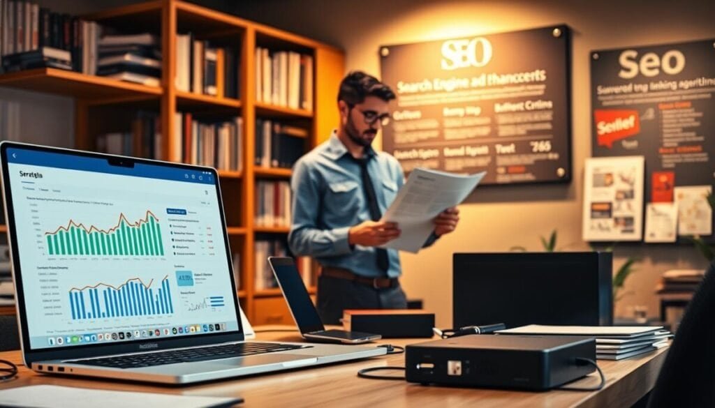 A hyper-realistic, high-resolution image of a modern computer workstation showcasing various SEO strategy enhancement tools and resources. In the foreground, a laptop displaying a dashboard with analytics, metrics, and keyword research data. On the desk, an array of devices such as a smartphone, tablet, and external hard drive, symbolizing the integration of digital channels for SEO optimization. In the middle ground, a strategist examining reports and documents, contemplating the next steps for improving search engine visibility. The background features a bookshelf filled with SEO-related literature and a wall-mounted display highlighting search engine algorithms and ranking factors. Warm, directional lighting illuminates the scene, creating a focused and professional atmosphere. A hyper-realistic, high-resolution image of a modern computer workstation showcasing various SEO strategy enhancement tools and resources. In the foreground, a laptop displaying a dashboard with analytics, metrics, and keyword research data. On the desk, an array of devices such as a smartphone, tablet, and external hard drive, symbolizing the integration of digital channels for SEO optimization. In the middle ground, a strategist examining reports and documents, contemplating the next steps for improving search engine visibility. The background features a bookshelf filled with SEO-related literature and a wall-mounted display highlighting search engine algorithms and ranking factors. Warm, directional lighting illuminates the scene, creating a focused and professional atmosphere.