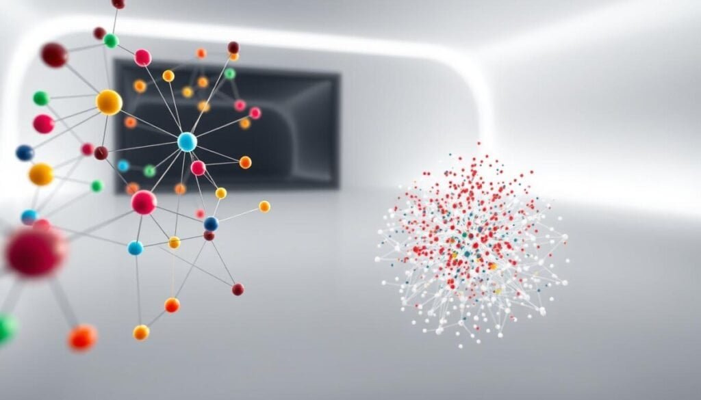 A hyper-realistic, high-resolution photograph showcasing the concept of topic clustering for internal linking. In the foreground, a complex network of interconnected nodes and edges, representing related topics and their associations. The nodes are colorful, spherical shapes, with varying sizes indicating the relative importance of each topic. Thin, glowing lines connect the nodes, visualizing the strength of the topical relationships. In the middle ground, a three-dimensional scatter plot emerges, where each data point corresponds to a specific piece of content. The points are clustered together based on their topical similarities, creating distinct regions that highlight the key themes and their relationships. The scatter plot is rendered with a subtle depth of field, drawing the viewer's attention to the intricate patterns of the topic clusters. The background features a minimalist, yet striking environment, with a clean, white or gray color palette that allows the data visualization to take center stage. A hyper-realistic, high-resolution photograph showcasing the concept of topic clustering for internal linking. In the foreground, a complex network of interconnected nodes and edges, representing related topics and their associations. The nodes are colorful, spherical shapes, with varying sizes indicating the relative importance of each topic. Thin, glowing lines connect the nodes, visualizing the strength of the topical relationships. In the middle ground, a three-dimensional scatter plot emerges, where each data point corresponds to a specific piece of content. The points are clustered together based on their topical similarities, creating distinct regions that highlight the key themes and their relationships. The scatter plot is rendered with a subtle depth of field, drawing the viewer's attention to the intricate patterns of the topic clusters. The background features a minimalist, yet striking environment, with a clean, white or gray color palette that allows the data visualization to take center stage.