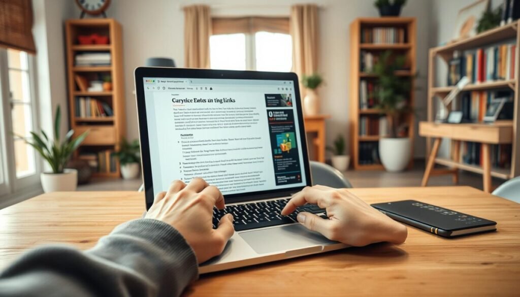 A hyper-realistic, high-resolution photograph showcasing the process of "Niche Edits for Content Enhancement". In the foreground, a pair of hands carefully adding relevant links to an existing article on a laptop screen. The background features a cozy, well-lit home office setting, with bookshelves, plants, and a minimalist desk setup. The lighting is soft and natural, creating a warm, inviting atmosphere. The composition emphasizes the focus on the content enhancement task, with the hands and laptop taking up the majority of the frame. The overall scene conveys a sense of productivity, attention to detail, and the importance of contextual linking strategies for content optimization. A hyper-realistic, high-resolution photograph showcasing the process of "Niche Edits for Content Enhancement". In the foreground, a pair of hands carefully adding relevant links to an existing article on a laptop screen. The background features a cozy, well-lit home office setting, with bookshelves, plants, and a minimalist desk setup. The lighting is soft and natural, creating a warm, inviting atmosphere. The composition emphasizes the focus on the content enhancement task, with the hands and laptop taking up the majority of the frame. The overall scene conveys a sense of productivity, attention to detail, and the importance of contextual linking strategies for content optimization.