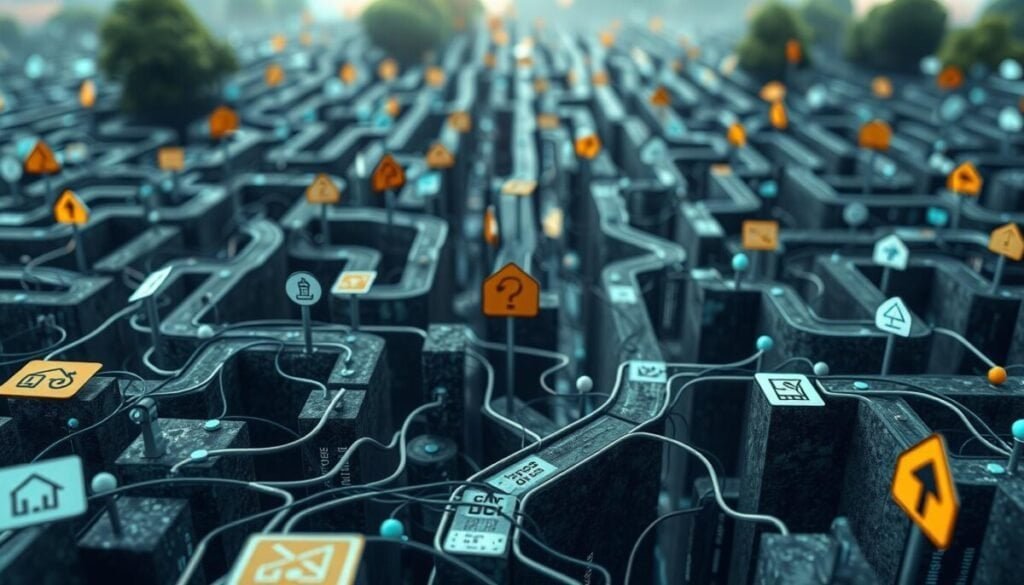 A hyper-realistic, high-resolution, photographic image of a digital maze with conflicting pathways, disjointed connections, and ambiguous signage. The foreground depicts a tangled web of abstract symbols, icons, and text fragments that fail to coalesce into a coherent narrative. The middle ground features an array of disorderly data visualizations, incomplete graphs, and scrambled information. In the background, a blurred, distorted landscape symbolizes the challenge of navigating the complex, ever-evolving landscape of content relevance and semantics in the age of artificial intelligence. The overall scene conveys a sense of confusion, fragmentation, and the limitations of current AI systems to fully comprehend and organize digital content. A hyper-realistic, high-resolution, photographic image of a digital maze with conflicting pathways, disjointed connections, and ambiguous signage. The foreground depicts a tangled web of abstract symbols, icons, and text fragments that fail to coalesce into a coherent narrative. The middle ground features an array of disorderly data visualizations, incomplete graphs, and scrambled information. In the background, a blurred, distorted landscape symbolizes the challenge of navigating the complex, ever-evolving landscape of content relevance and semantics in the age of artificial intelligence. The overall scene conveys a sense of confusion, fragmentation, and the limitations of current AI systems to fully comprehend and organize digital content.