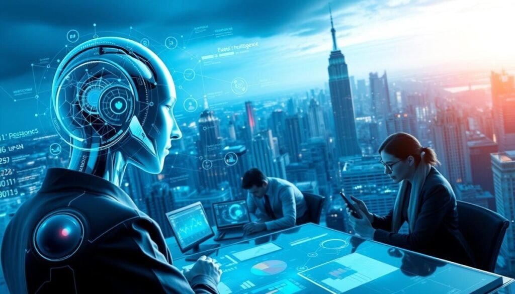 A hyper-realistic image depicting the concept of "AI in Competitive Analysis". In the foreground, a sleek, data-driven AI assistant analyzes a complex web of competitive insights, visualized through a holographic dashboard. The middle ground features a team of data analysts poring over reams of digital data, their faces illuminated by the glow of screens. In the background, a sprawling metropolis of towering skyscrapers and futuristic infrastructure symbolizes the scale and significance of AI-powered competitive intelligence. The scene is bathed in a cool, blue-tinted lighting, creating a sense of technological sophistication and strategic foresight. A hyper-realistic image depicting the concept of "AI in Competitive Analysis". In the foreground, a sleek, data-driven AI assistant analyzes a complex web of competitive insights, visualized through a holographic dashboard. The middle ground features a team of data analysts poring over reams of digital data, their faces illuminated by the glow of screens. In the background, a sprawling metropolis of towering skyscrapers and futuristic infrastructure symbolizes the scale and significance of AI-powered competitive intelligence. The scene is bathed in a cool, blue-tinted lighting, creating a sense of technological sophistication and strategic foresight.