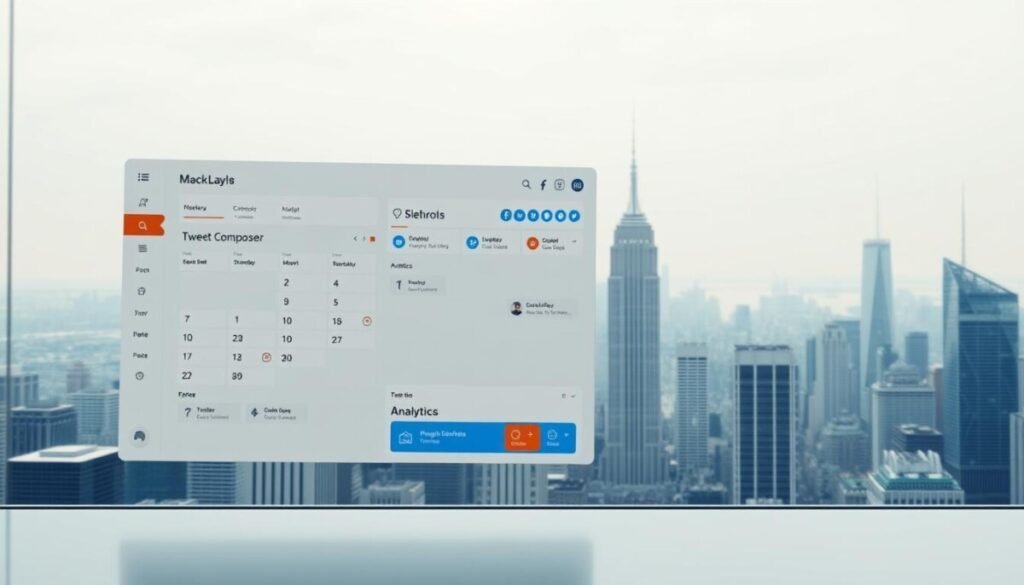 A hyper-realistic image of a modern, sleek Twitter scheduling tool interface. The foreground features a clean, minimalist dashboard with an intuitive calendar view, customizable tweet composer, and analytics panel. The middle ground showcases various social media icons and integration options. The background depicts a cityscape of skyscrapers, symbolizing the tool's global reach and enterprise-level capabilities. The lighting is soft and diffused, creating a professional, business-oriented atmosphere. The camera angle is slightly elevated, providing an overview of the tool's key features and functionality. A hyper-realistic image of a modern, sleek Twitter scheduling tool interface. The foreground features a clean, minimalist dashboard with an intuitive calendar view, customizable tweet composer, and analytics panel. The middle ground showcases various social media icons and integration options. The background depicts a cityscape of skyscrapers, symbolizing the tool's global reach and enterprise-level capabilities. The lighting is soft and diffused, creating a professional, business-oriented atmosphere. The camera angle is slightly elevated, providing an overview of the tool's key features and functionality.