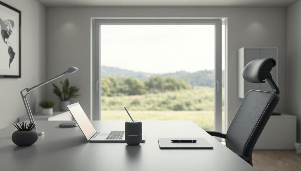A hyper-realistic image of a modern, well-equipped home office space, with a desk, chair, and various AI-related tools and devices. The foreground features a laptop, a voice assistant device, and a stylus-enabled tablet, all placed neatly on the desk. The middle ground showcases a minimalist, monochromatic color scheme with clean lines and geometric shapes, creating a streamlined and professional atmosphere. The background gradually fades into a soft, natural landscape with lush greenery and a serene, calming sky, symbolizing the harmony between technology and nature. The lighting is soft and diffused, highlighting the sleek, modern design of the office setup.