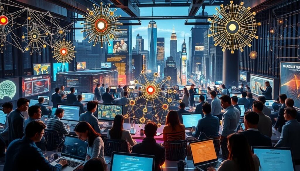 A hyper-realistic image showcasing a vibrant tableau of NLP success stories. In the foreground, a diverse group of data scientists and AI experts, each immersed in their work, surrounded by glowing screens displaying cutting-edge NLP applications. The middle ground features an array of advanced NLP models, their architectures and algorithms visualized in a mesmerizing display of interconnected nodes and neural pathways. In the background, a cityscape backdrop suggests the real-world impact of these NLP breakthroughs, with skyscrapers and bustling streets. The lighting is dramatic, casting long shadows and highlighting the intensity of the scene. The overall mood is one of innovation, collaboration, and the boundless potential of natural language processing. A hyper-realistic image showcasing a vibrant tableau of NLP success stories. In the foreground, a diverse group of data scientists and AI experts, each immersed in their work, surrounded by glowing screens displaying cutting-edge NLP applications. The middle ground features an array of advanced NLP models, their architectures and algorithms visualized in a mesmerizing display of interconnected nodes and neural pathways. In the background, a cityscape backdrop suggests the real-world impact of these NLP breakthroughs, with skyscrapers and bustling streets. The lighting is dramatic, casting long shadows and highlighting the intensity of the scene. The overall mood is one of innovation, collaboration, and the boundless potential of natural language processing.