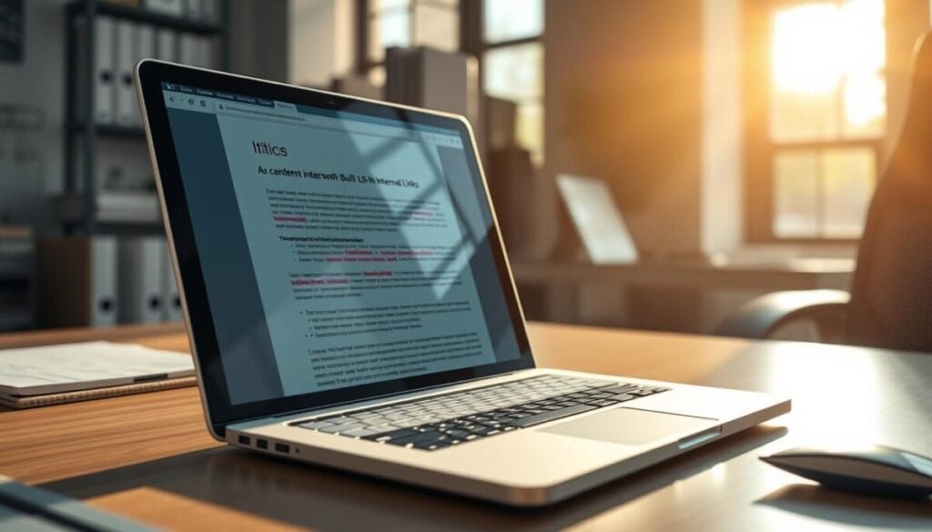 A hyper-realistic office setting, with a laptop displaying a web page on the desk. The page features vibrant, interactive hyperlinks seamlessly integrated into the content. Sunlight filters through the window, casting a warm glow across the scene. The laptop's screen reflects the viewer, symbolizing the user's engagement with the dynamic, link-rich content. The atmosphere is one of productivity and effortless information sharing, capturing the essence of "Creating Content with Built-In Internal Links." A hyper-realistic office setting, with a laptop displaying a web page on the desk. The page features vibrant, interactive hyperlinks seamlessly integrated into the content. Sunlight filters through the window, casting a warm glow across the scene. The laptop's screen reflects the viewer, symbolizing the user's engagement with the dynamic, link-rich content. The atmosphere is one of productivity and effortless information sharing, capturing the essence of "Creating Content with Built-In Internal Links."