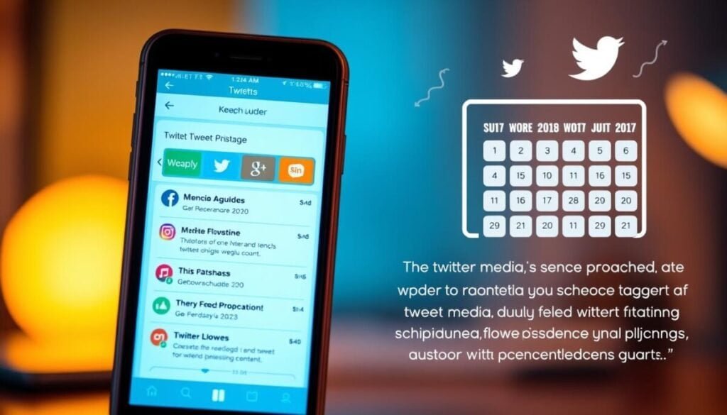 A hyper-realistic shot of a smartphone screen displaying a schedule of tweets, the background blurred yet vibrant. In the foreground, the phone casts a warm glow, its screen showcasing an intuitive interface for planning and scheduling social media posts. The middle ground features a strategically curated collection of social media icons, symbolizing the interconnectedness of platforms and the power of cross-promotion. The background is a softly-lit workspace, hinting at the efficiency and productivity that comes with mastering the art of tweet scheduling. Subtle visual cues, such as rising engagement metrics and a calendar overlay, reinforce the central idea of boosting Twitter presence through a well-planned content strategy. A hyper-realistic shot of a smartphone screen displaying a schedule of tweets, the background blurred yet vibrant. In the foreground, the phone casts a warm glow, its screen showcasing an intuitive interface for planning and scheduling social media posts. The middle ground features a strategically curated collection of social media icons, symbolizing the interconnectedness of platforms and the power of cross-promotion. The background is a softly-lit workspace, hinting at the efficiency and productivity that comes with mastering the art of tweet scheduling. Subtle visual cues, such as rising engagement metrics and a calendar overlay, reinforce the central idea of boosting Twitter presence through a well-planned content strategy.